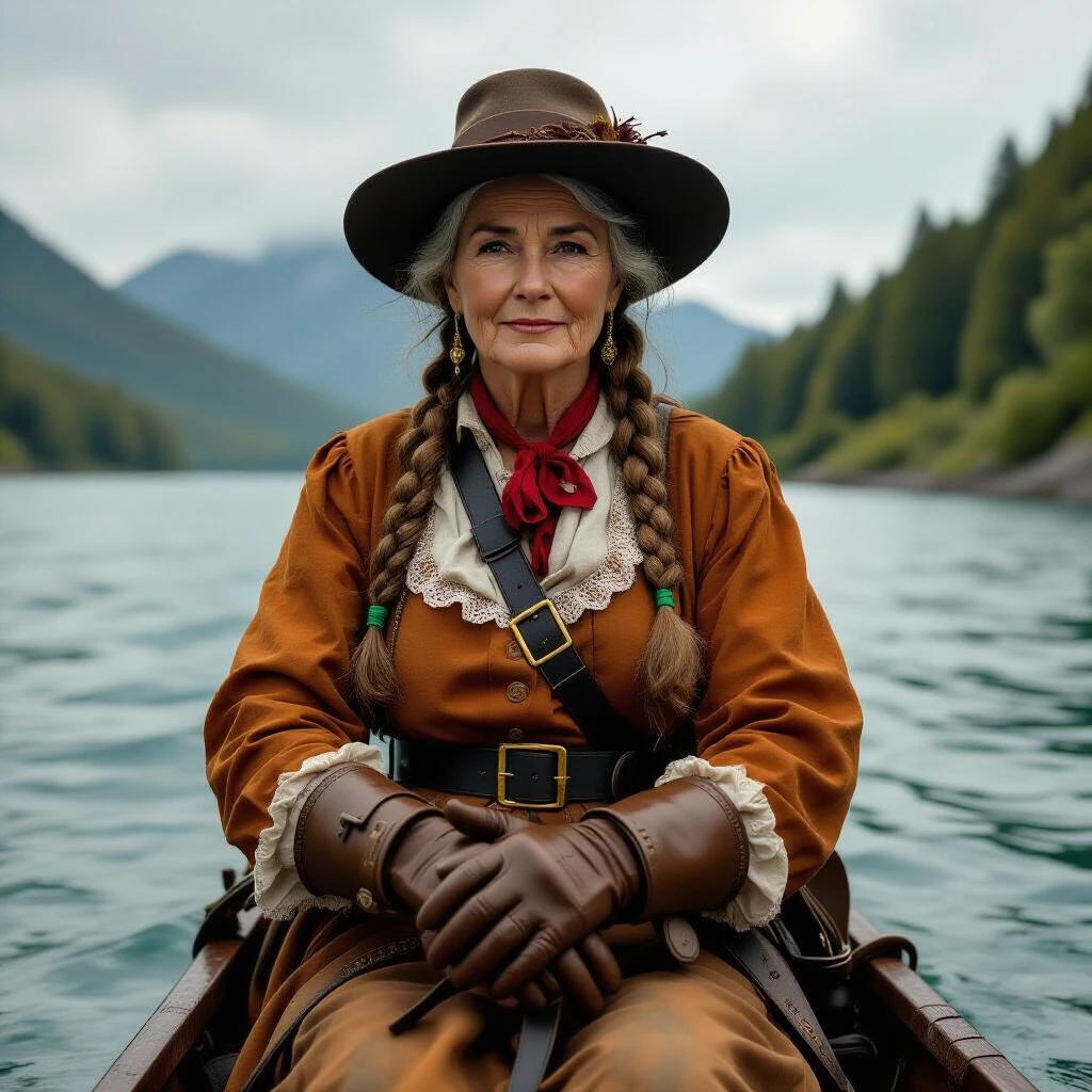 Realistic high definition photograph with a cinematic look of an old and fat warrior woman with futuristic attire reminiscent of 1810. She has odd and mysterious wet, round feminine weapons. She wears a Victorian isabeline neck, dirty leather leggings, elbow-length old gloves, brown burlap clothing with dirty brocade, and an unusual rusty metal helmet, sitting in a boat on water surrounded by mountains.