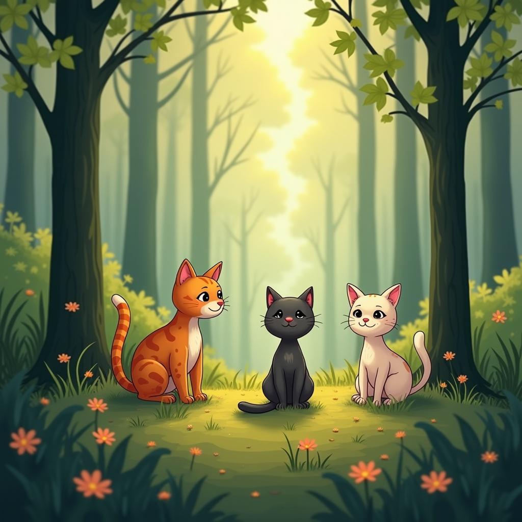 Cats in a forest with soft sunlight. Three colorful cats are sitting on grass. Trees and flowers surround them. Peaceful atmosphere.