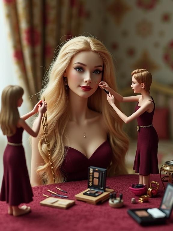 Blonde model with lush long hair. Miniature figures in maroon dresses. Using tiny makeup brushes and palettes. Ladders placed around. Makeup products displayed. Velvet surface in a decorated room.