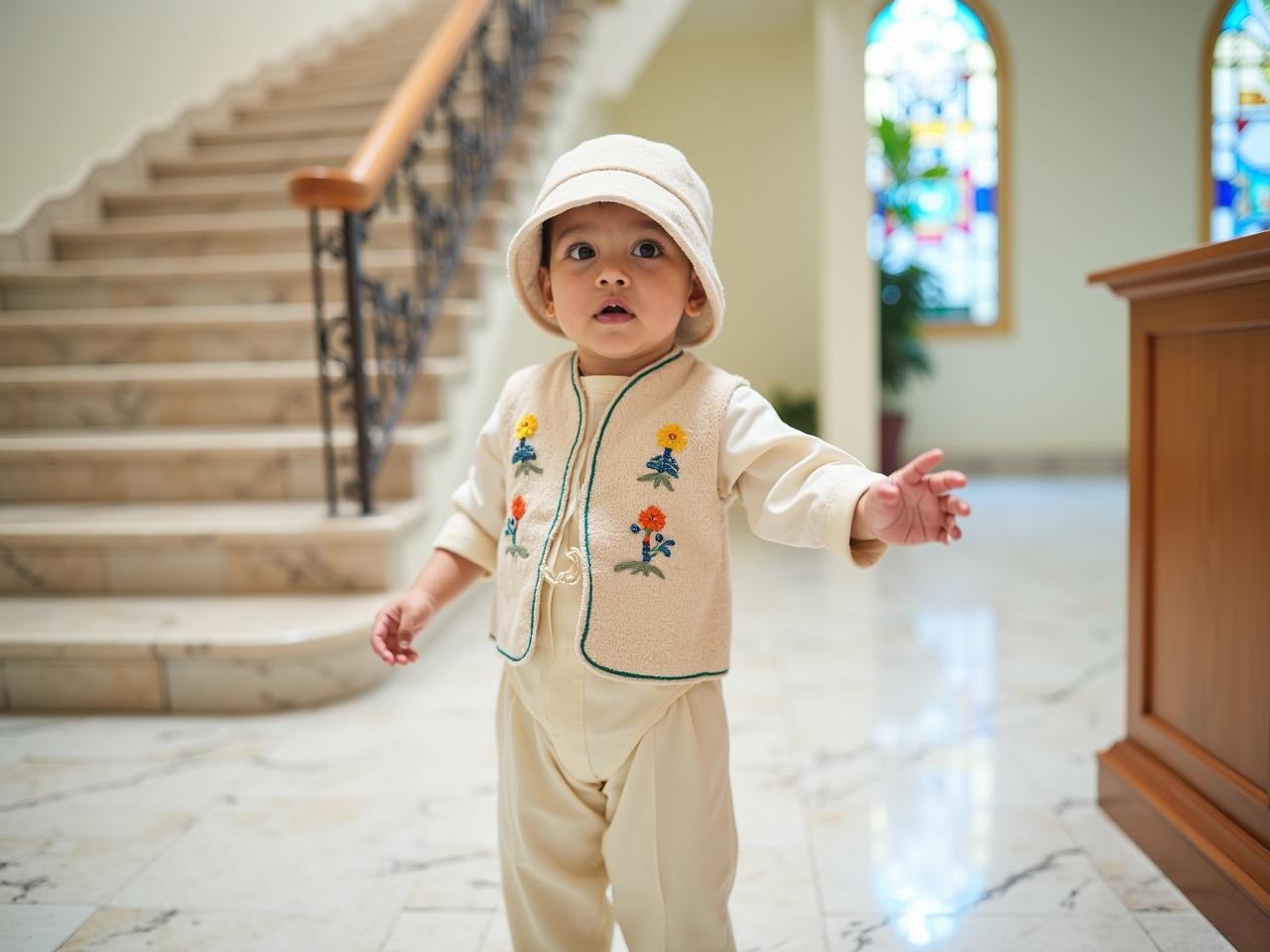 The image shows a young child standing indoors. The child is wearing a light-colored traditional outfit, which includes a vest decorated with colorful embroidery and a matching cap. The child has a curious expression and is extending one arm as if reaching for something. The background features a beautifully designed staircase and a stained glass window that adds color to the scene. The setting appears to be bright and welcoming, with marble flooring and lightly colored walls.