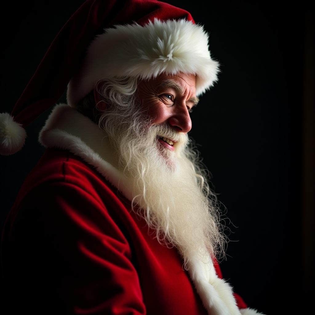 Close-up photo of Santa Claus in a red suit smiling. Shot at a 3/4 profile from a low angle. Dark background with dramatic lighting from the left side. Beard and hat visible.