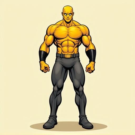 Illustration features a muscular male superhero. Golden-yellow skin. Featureless mask. Defined muscular build. Dark gray athletic pants. Black arm sleeves. Standing upright in a neutral pose. Feet visible. Centered character with ample space around edges. Plain background. Comic book style.
