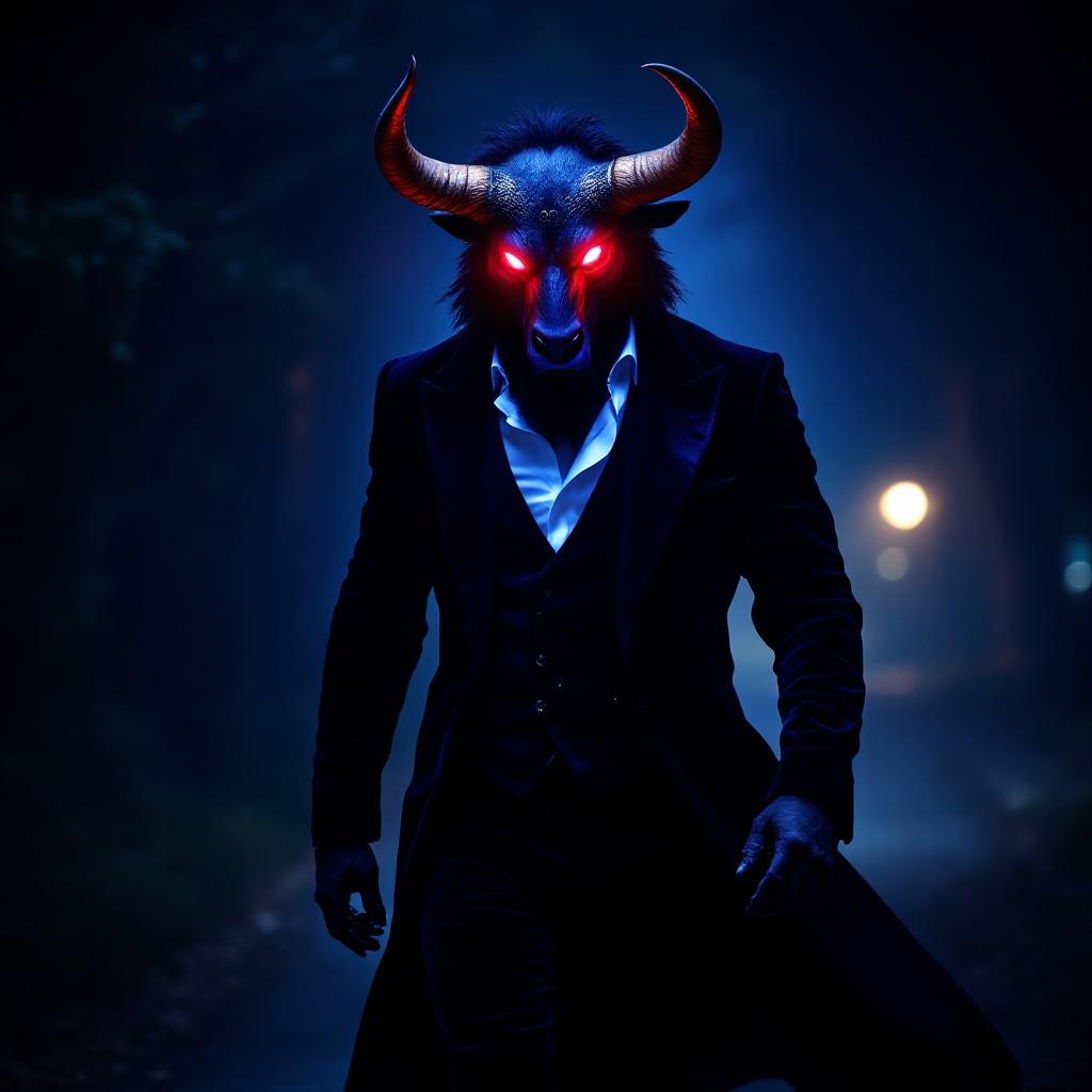 A man in a black velvet Victorian-style suit walks down a dark path wearing a minotaur mask. The mask has glowing red eyes and golden highlights. The setting is a pure black night. The white shirt glows with blue light, enhancing the eerie feeling of the scene.