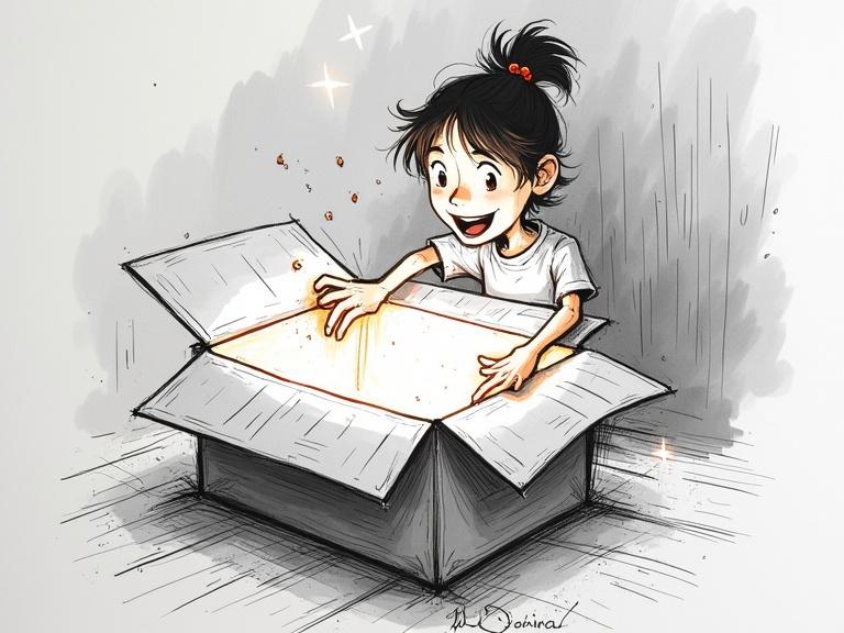Child opening a glowing box. Expressive scamp sketch style with loose pencil and marker lines. Anticipatory and playful emotions are depicted. The box is in the center with light spilling out. Includes sketchy lines and ink smudges to enhance movement and expression.