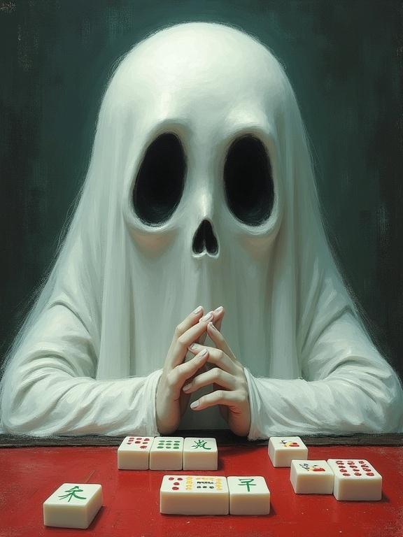 Image shows ghostly figure playing Mahjong. Abstract style portrays figure as a spirit. Ethereal quality evokes a sense of mystery.