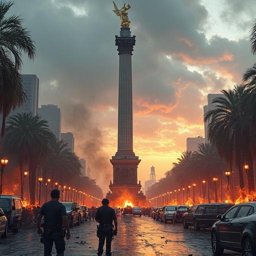 Realistic illustration of Mexico City with the Independence Column surrounded by protests riots and unrest. Buildings set against a vibrant sky. People clashing with police amid burning cars.