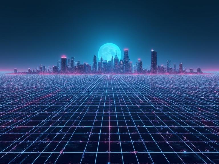 Futuristic city skyline featuring glowing grid lines at night. Neon accents highlight the architecture creating a technological mood.