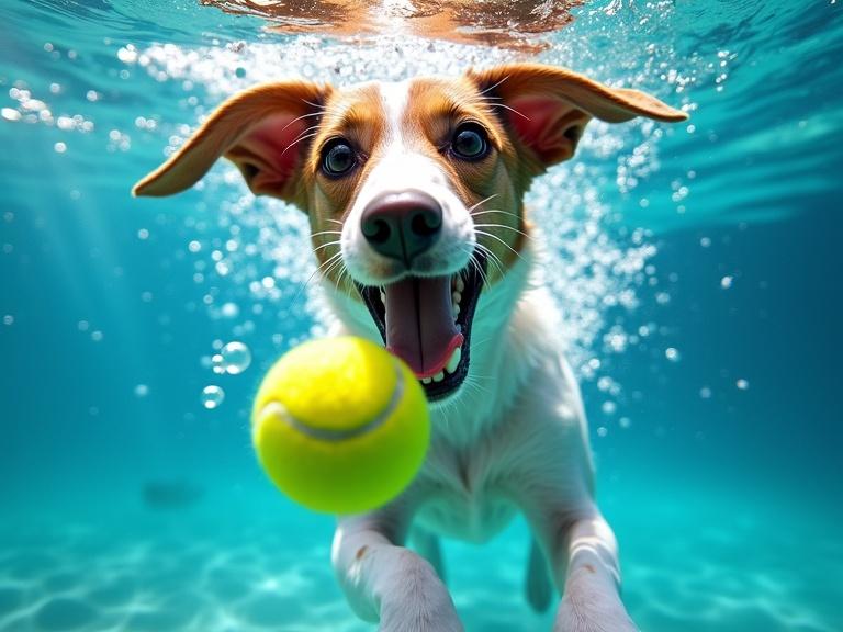 Underwater image of a playful dog chasing a tennis ball. Excited expression shown with open eyes and mouth. Bright bubbles surrounding the dog. Clear water illuminated by sunlight.