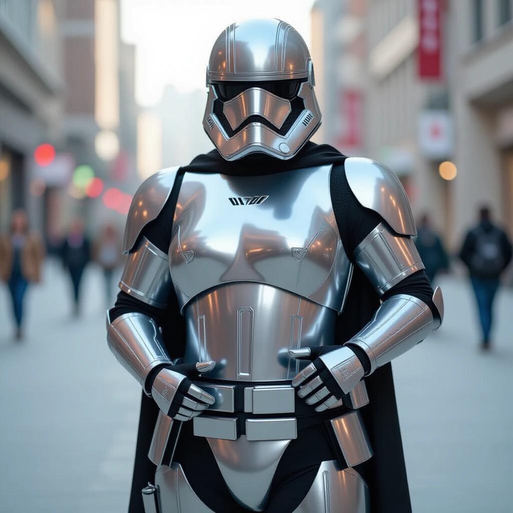 A person dressed as Captain Phasma in shiny armor stands confidently in an urban street. The costume is metallic and catches the light, creating a striking visual. The background shows a city atmosphere with blurred pedestrians.