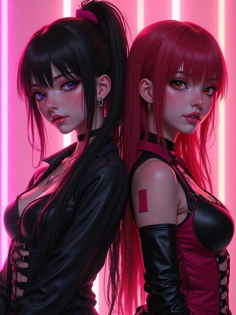 Featured two women with contrasting hair colors standing back to back. Neon lights provide a colorful backdrop. One wears a black and pink outfit; the other in black and red. Both have stylish lipgloss and unique haircuts. The scene appears dynamic and modern.