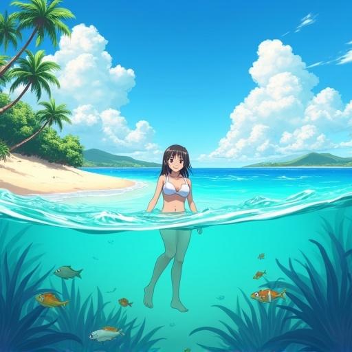 Anime beach scene featuring a cheerful girl in a bikini enjoying the ocean. She stands in shallow turquoise water near the shore. Above water is a sunny sky with clouds, palm trees, and a sandy beach. Below water shows colorful fish, gentle waves, and aquatic plants. The scene captures summer fun with vibrant colors.