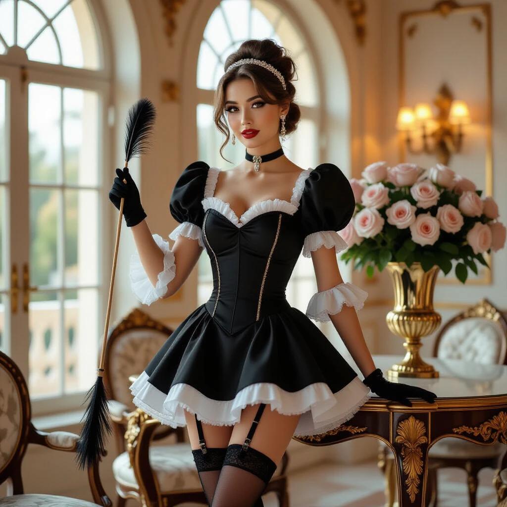 Elegantly styled room with ornate golden accents. Striking figure in black dress with lace trim and puffy white sleeves. Thigh-high black stockings and matching garter. Delicate headpiece. Holding a feather duster. Confident pose by lavish table with vase of roses. Large arching windows let in warm sunlight. Plush pink armchair and sparkling chandelier present. Scene captures whimsy and opulence.