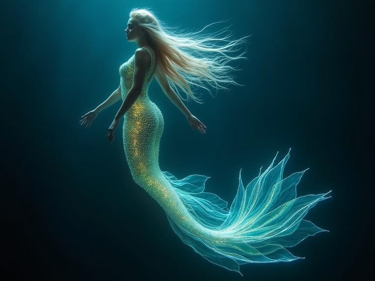 A mermaid glimmers in ocean depths. Ethereal beauty captivates imagination. Phosphorescent and high fashion pinhole photo. Delicate features and glowing scales shimmer. Hair dances in underwater currents. Intricate tail captures detail. Composition highlights enchanting allure.