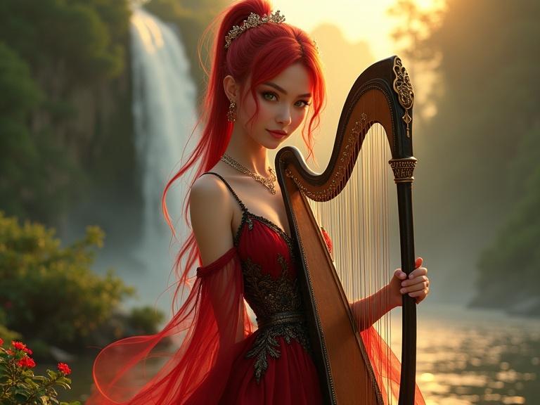 A stylish female figure in a luxurious red and black glowing dress with a harp. Red hair in a ponytail and bangs. Elegant details in attire. Heavenly atmosphere with a waterfall and green land. Sunset lighting.