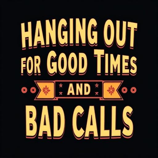 A black t-shirt featuring a graphic design with text that reads 'Hanging Out for Good Times and Bad Calls'. The design uses contrasting colors.