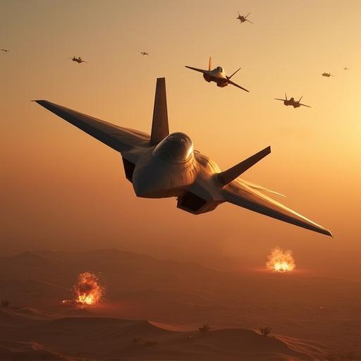 A squadron of stealth fighters flies across a desert sky. F-22 Raptors dodges missiles. Bombs drop on Scud launchers. Explosions illuminate the sand. GLA technicals retreat below. Styled like Command & Conquer Generals Zero Hour.