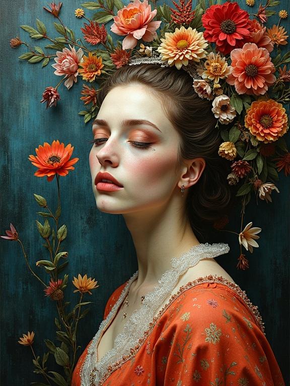3D multi-layered artwork featuring a woman with floral adornments. Intricate details and whimsical elements inspired by various artists. The style is a blend of modern techniques with traditional influences. Captivating female figure with a vibrant floral background.