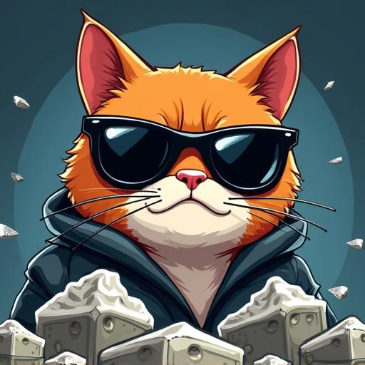 Cartoon theme featuring a gangster cat. Cat has a serious look and wears sunglasses. Surrounding elements include silver bullions and nuggets. Background has dollar imagery.