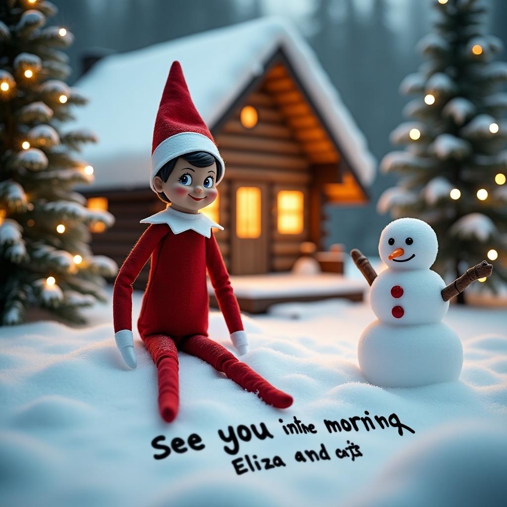 An elf on the shelf sits next to a snowman in a snowy landscape. He wears a red outfit with a white collar and festive hat. A cozy cabin is behind him, warmly lit. The ground is covered in white snow where he writes a message. Decorated trees with lights surround the scene.