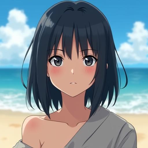 Female character inspired by Sasuke from Naruto. Beach background, mid-length straight hair, cute appearance, looking proud. Upper body close-up in realistic style with natural lighting.