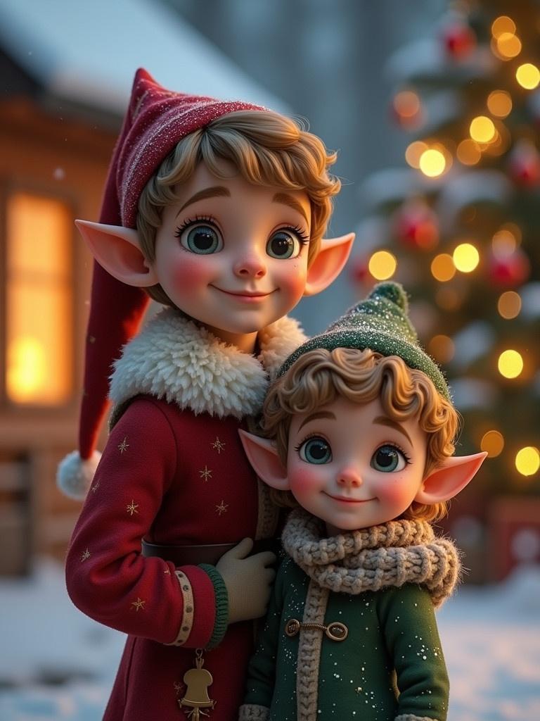 A cute boy elf with pointed ears stands with two friends. A small girl with brown curly hair and a tall boy with wavy blonde hair accompany him. Background features Christmas decorations and a green tree with lights.