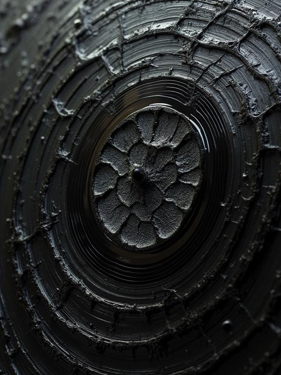 Close-up digital oil painting of a vinyl record. Black background highlights thick viscous fungal ooze spreading like decaying veins. Harsh paint strokes and cubist elements visible. The artwork depicts an unnatural growth with a shiny appearance.