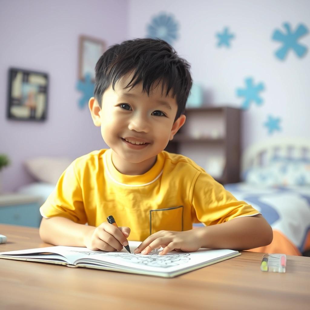 A young boy in a yellow shirt happily colors in a book at a desk in a softly decorated room with blue flower patterns.