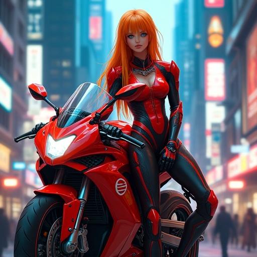 A young woman with long orange hair and bright blue eyes wears a red and black armored bodysuit. She leans against a futuristic red motorbike. The background is a bustling city street with skyscrapers and neon signs. The atmosphere is bold with sharp lighting and vivid details. The color scheme includes oranges, reds, and steel grays, with accents of neon blue and pink.