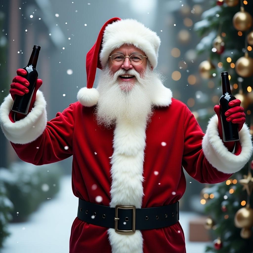 Santa Claus smiling with open arms. Both hands are holding bottles. Background has snow and festive decorations.