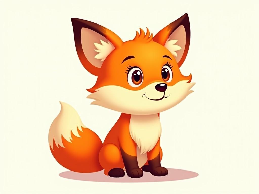 A cartoon fox designed for a children's cartoon. The fox has a bright orange body with lighter cream on the belly and face. Its ears are pointed and have darker tips, giving it an adorable appearance. The eyes are large and round, conveying a playful expression. The character stands with a cute posture, and its fluffy tail is bushy with a color gradient. The overall style is simple and appealing, perfect for a young audience.