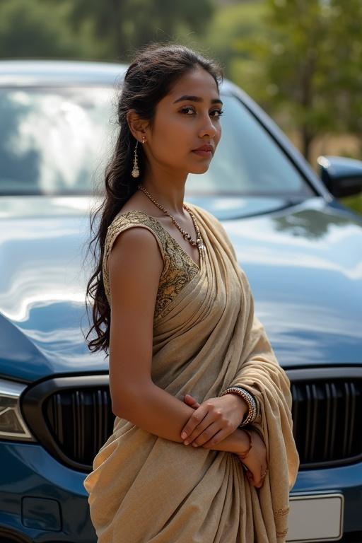 Girl wearing a saree stands near a BMW car. Naval visible. Outdoor setting. Elegant pose. Soft natural light.
