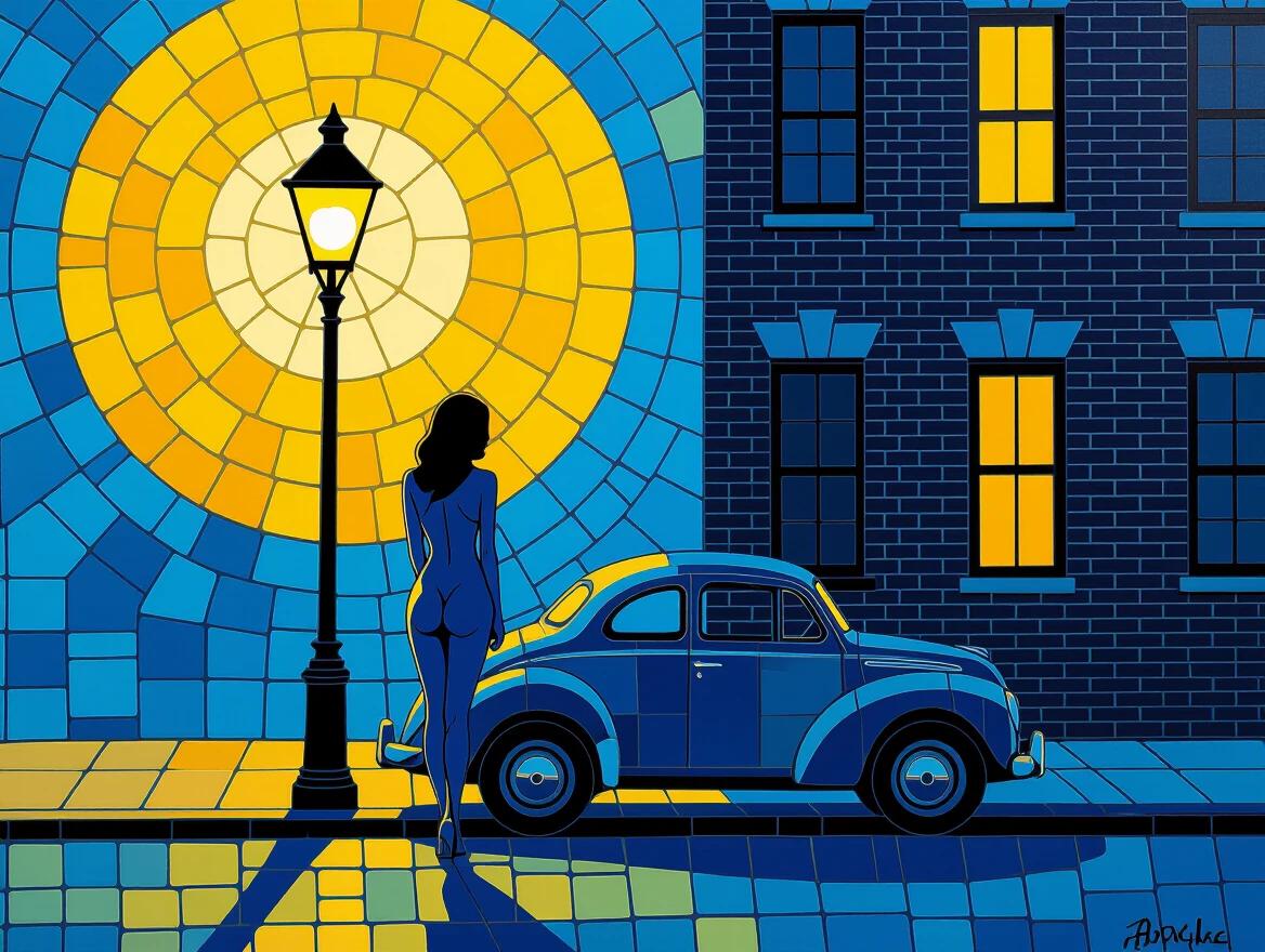 Iridescent ceramic tile and glass mosaic. Ethereal abstract encaustic mixed media illustration. Nude woman near a car at night. Illuminated by a yellow street lantern. In front of a New York brick building. Style of Hergé. Color palette is flat blue and yellow. 3D view.