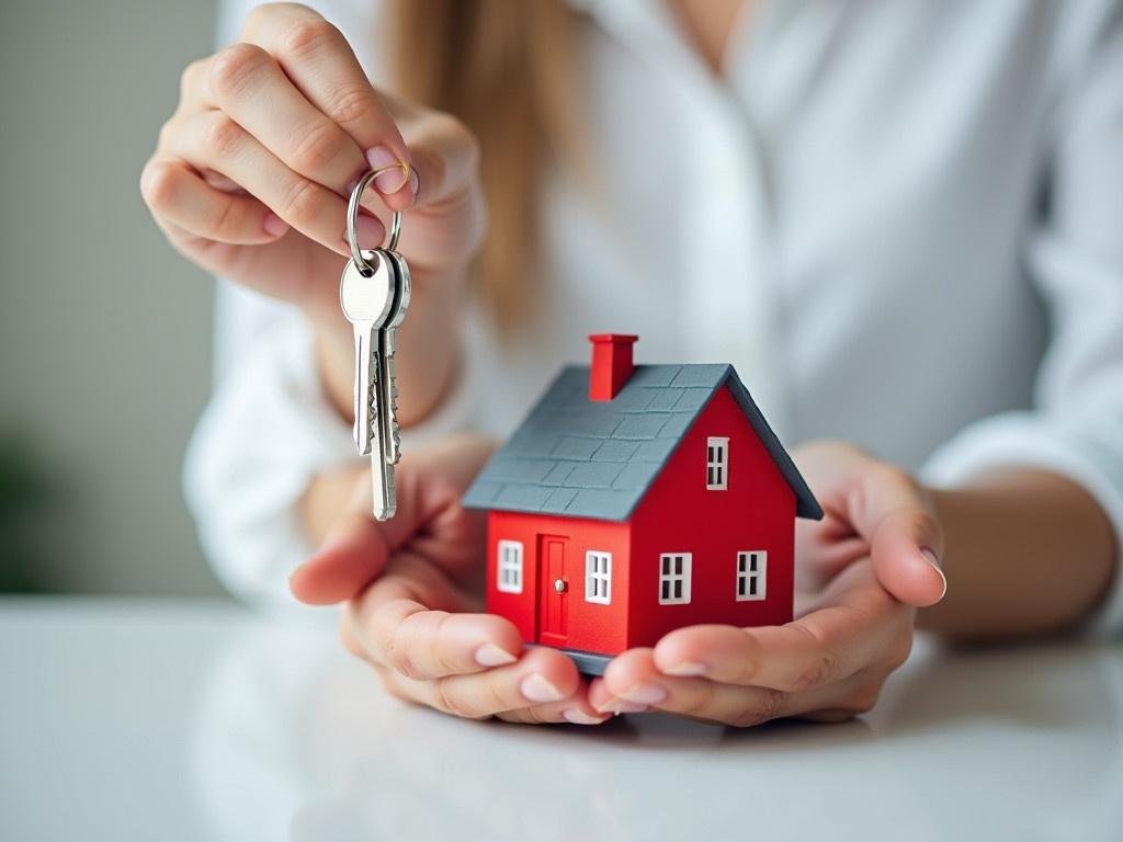 A pair of hands is seen in the foreground, with one hand holding a set of silver keys and the other gently cradling a small model house. The house is painted in bright colors, predominantly red with a gray roof and little details like windows and a door. The setting is minimalistic, with a soft-focus background that adds to the professional atmosphere. The person's hands are steady and emphasize a feeling of trust and transition, likely indicating a real estate transaction or a new beginning in homeownership. The scene evokes emotions of accomplishment and joy.