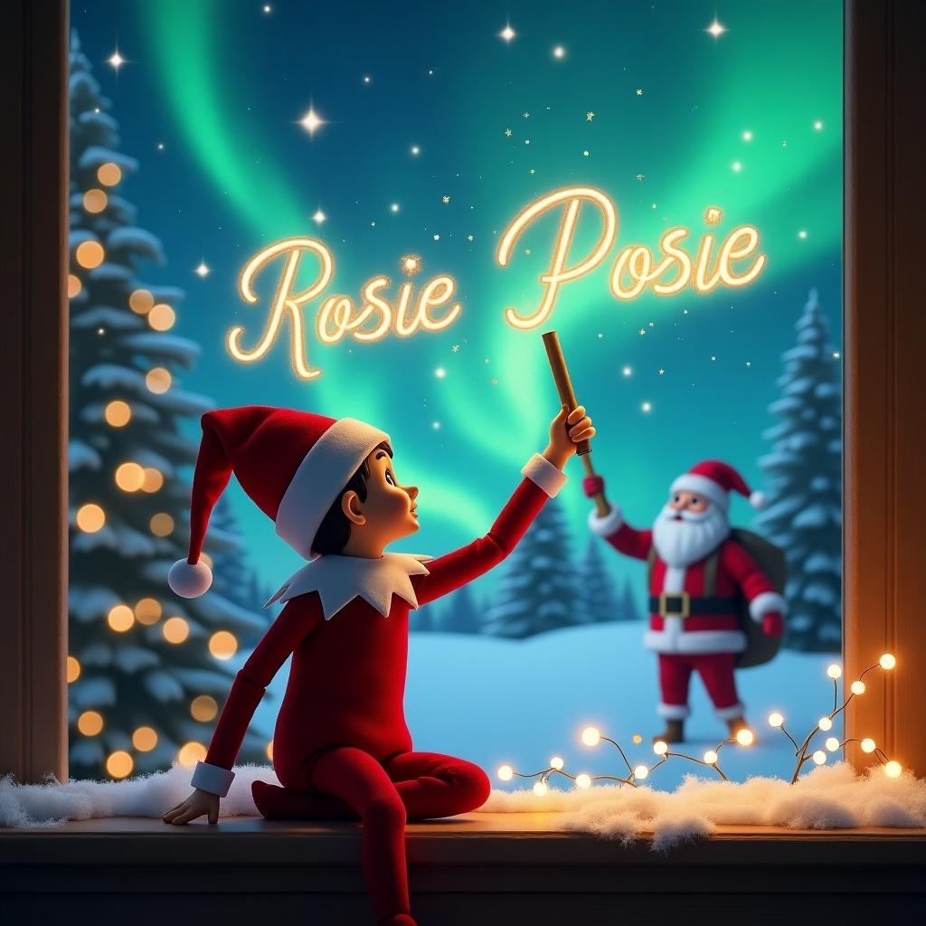 An enchanting scene captures the essence of Christmas magic. In the foreground, an elf on the shelf sits with his back to us, looking up in awe. He holds a magical wand, using it to elegantly write 'Rosie Posie' in glowing letters against a starry sky. In the background, Santa Claus stands smiling, surrounded by a snow-covered landscape illuminated by the northern lights. The atmosphere is festive, cheerful, and filled with wonder, perfect for the holiday season.