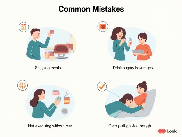 Illustration of people making common lifestyle mistakes. Scenes include skipping meals, drinking sugary beverages, not sleeping enough, and over-exercising without rest. Each section has explanatory icons and visual guides.