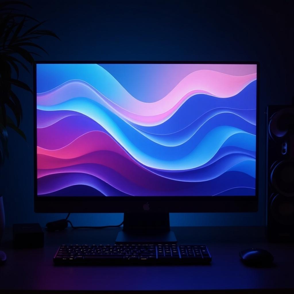 A monitor displays an abstract wave pattern. The colors are vibrant blue, purple, and pink. The room is dimly lit, enhancing the monitor's glow.