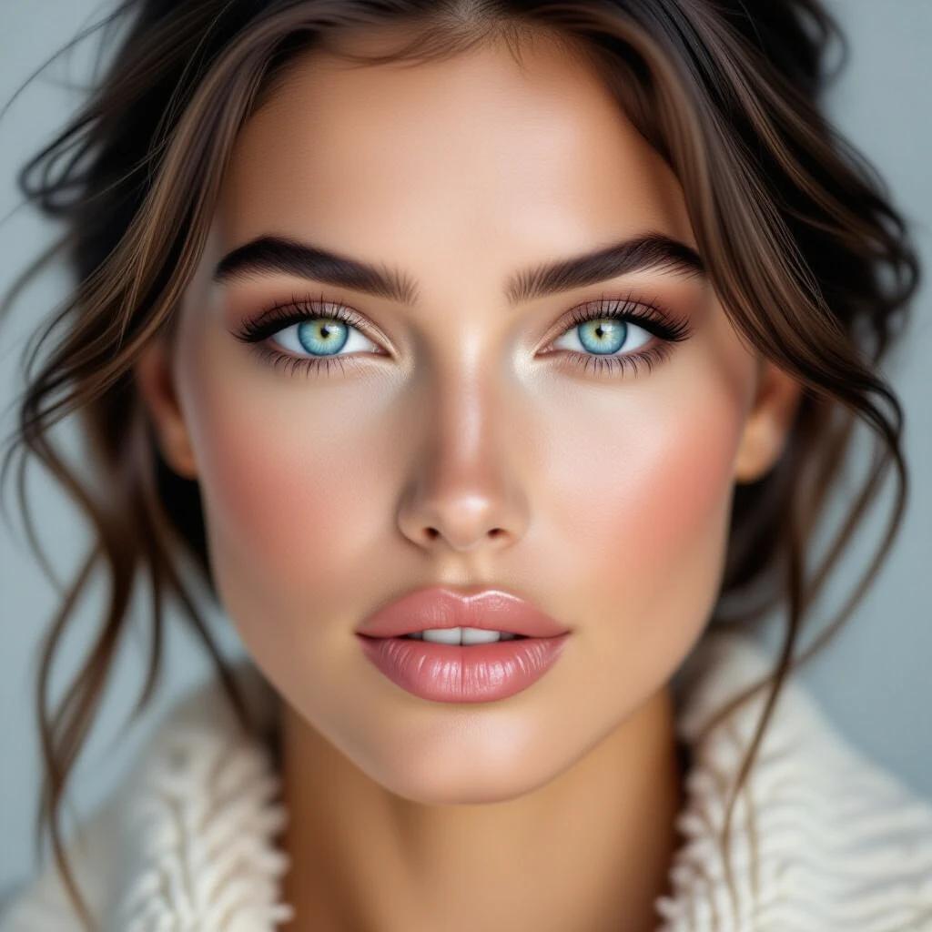 Portrait of a fashion model with icy blue eyes. The model has a soft expression and natural makeup. Image captured in high definition resolution. Highlighted by soft lighting to showcase the model's features.