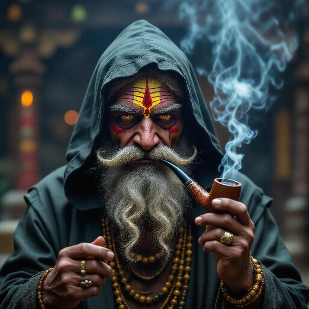 Photo of a rakshasa with a hood. The figure smokes a pipe. Captures mystical persona.