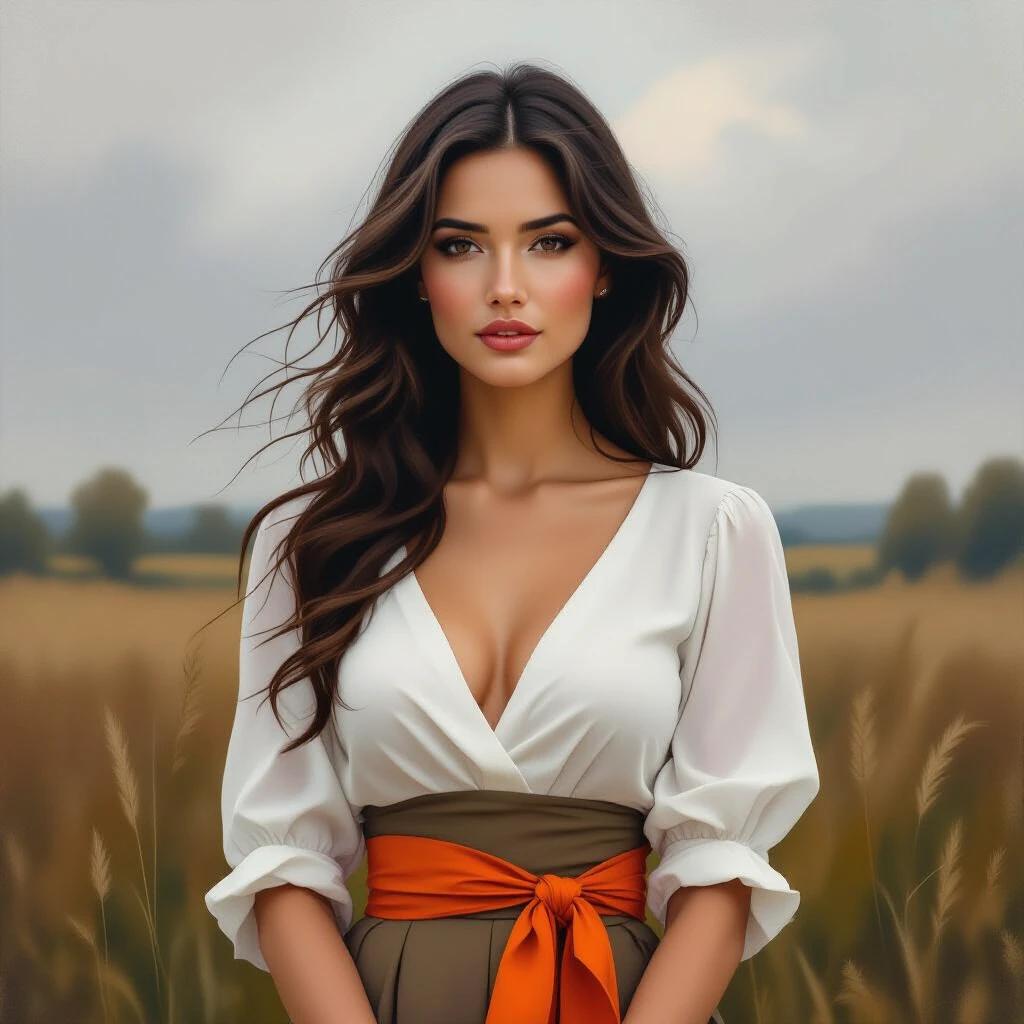 Woman in fitted dress with flowing hair. Distinctive white blouse with orange sash. Overcast sky creating melancholic atmosphere. Subtle natural landscape framing introspective moment. Authentic oil painting textures and romanticism style.