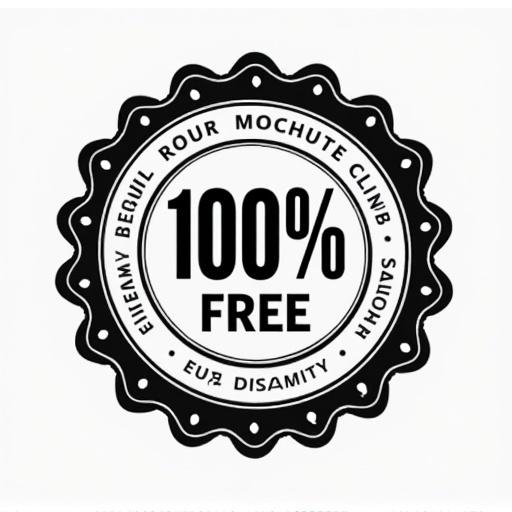 Emblem featuring the text 100% free. Circular design with decorative edges. Black and white color scheme. Bold typography emphasized.
