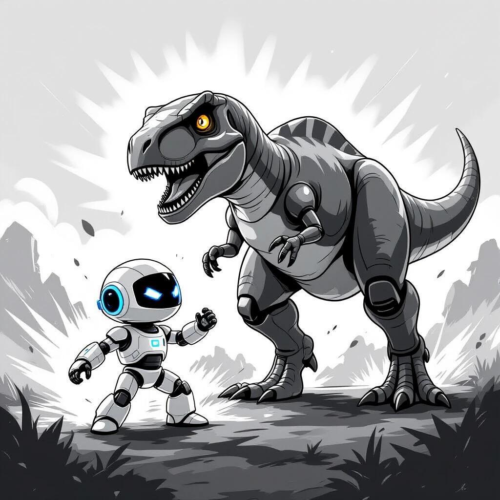 Astro bot confronts a large T-Rex. Image depicts an action-packed scene. Style is suitable for a black and white painting book. Focus on the clash of technology and nature.