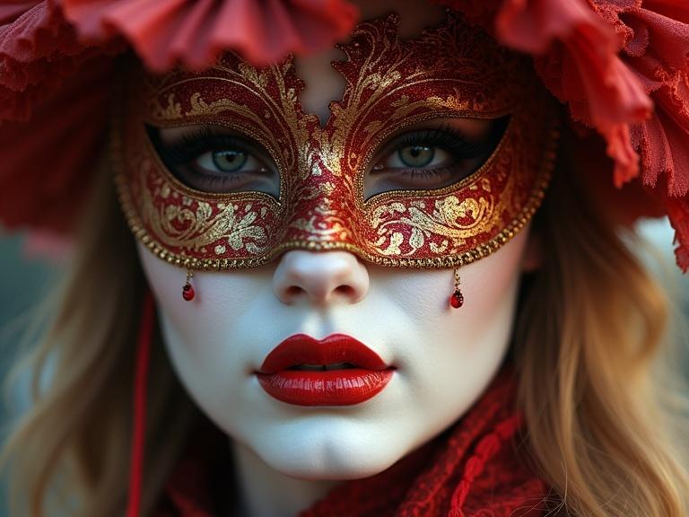 Photorealistic closeup portrait of a woman with a luxurious, ornate Venetian mask. Richly detailed with a carnival vibe in Venice. Mysterious expression and whimsical elements present.