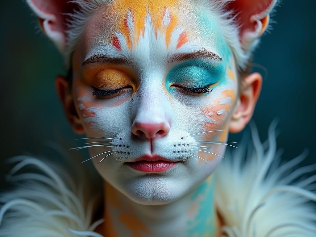 The image depicts a person with exquisite face paint designed to resemble a feline. Their eyes are closed, exuding a sense of calm and introspection. The face paint features vibrant orange, teal, and white colors arranged to mimic a cat's fur and markings. The background is softly blurred, drawing focus to the face and enhancing the tranquil atmosphere.