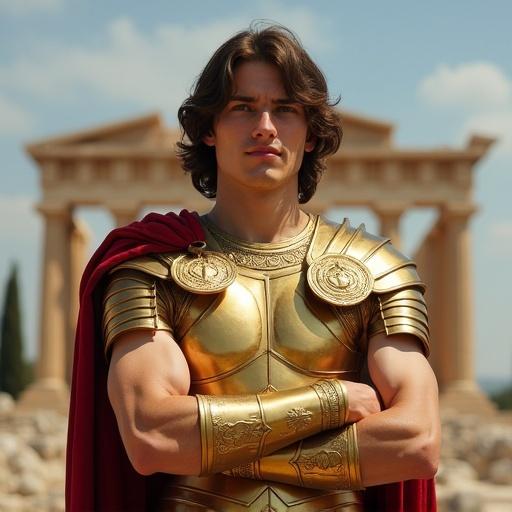 Young man with brown hair, standing in front of a Greek temple. He wears shiny gold armor and is crossing his arms. He has a good physique and a handsome face.