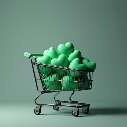 Shopping cart filled with green foam hearts in various sizes. Viewed at 45-degree perspective angle. Soft, sponge-like texture for the hearts. Grayish-blue background. Cinematic lighting with high contrast and soft shadows. Dreamy and artistic mood.