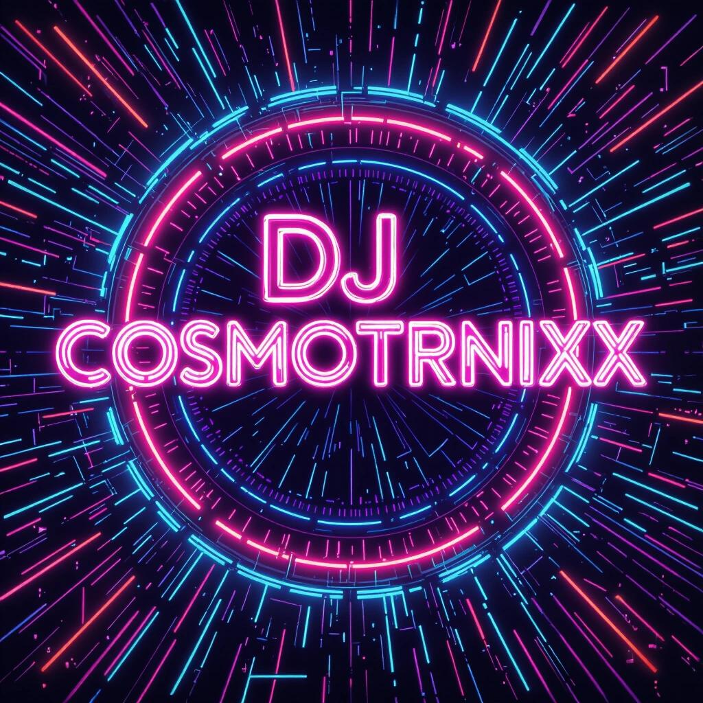 A neon tech artistic album cover displaying the text DJ Cosmotrnixx. Bright glowing colors and dynamic designs create an energetic feel. Radial burst effect in background enhances the modern aesthetic.