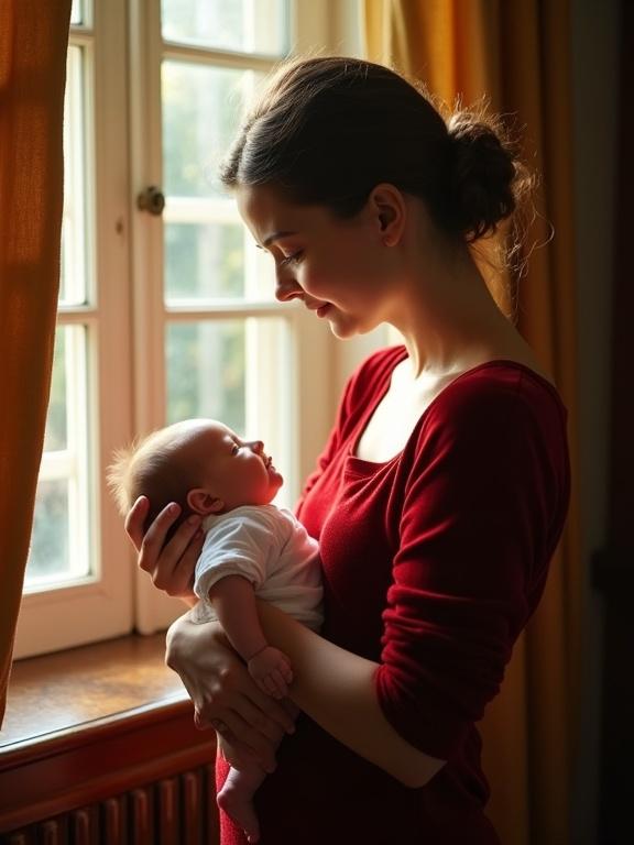 A woman in a red velvet dress holds a newborn baby in a white diaper. They are near a window in an old interior. Sunlight shines through golden curtains creating soft shadows. The scene expresses fragility and tranquility with a realistic artistic style.