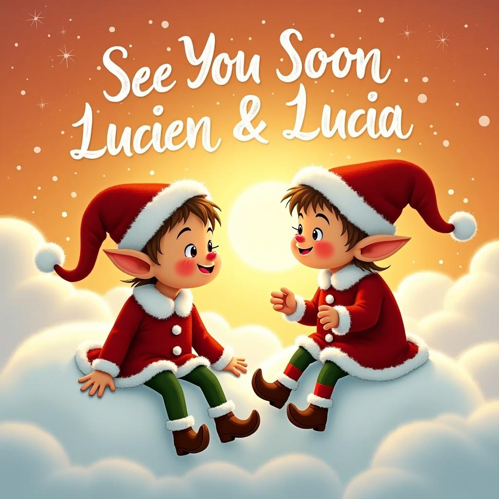 An illustration shows two cheerful elves seated on fluffy white clouds. Background features a vibrant sunset. The text 'See You Soon Lucien & Lucia' is written in the sky. Elves wear traditional red and green outfits. Captures holiday cheer and friendship.