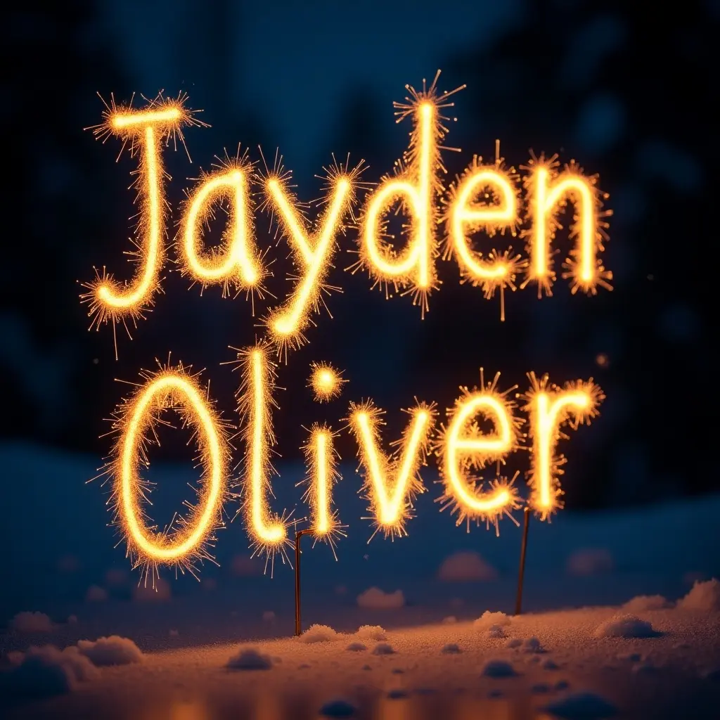 Jayden Oliver written in sparkling letters at night with a dark background. The scene creates a magical feeling.