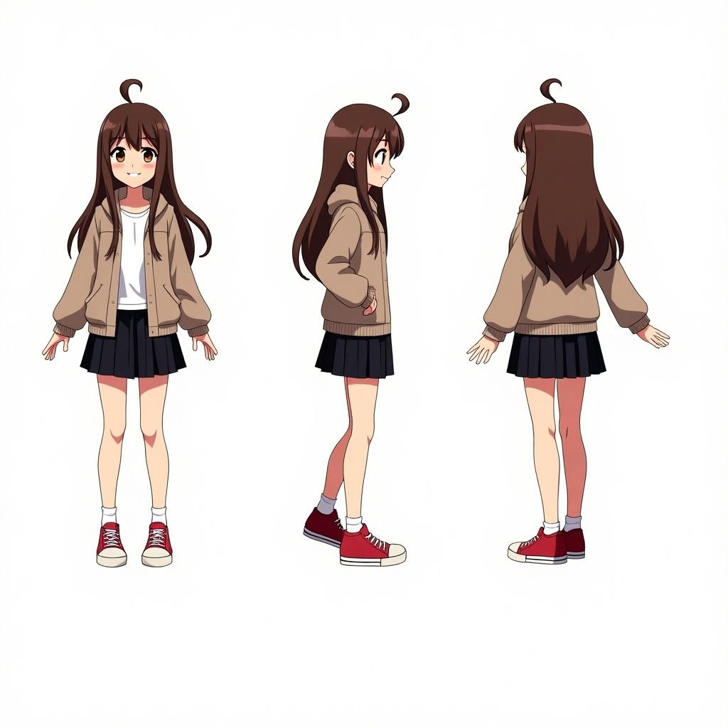 This image is an anime-style character sheet showcasing a cheerful woman. She has long brown hair and is wearing a comfortable jacket paired with a stylish black skirt and red sneakers. The character is displayed in three views: front, side, and back. The design emphasizes her friendly and approachable appearance. This character can be a great addition to an anime, manga, or video game project.